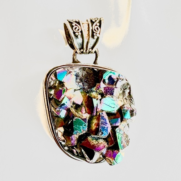 Sterling w druzy stones crystals geodes handcrafted pendant OOAK artist signed - Picture 3 of 7